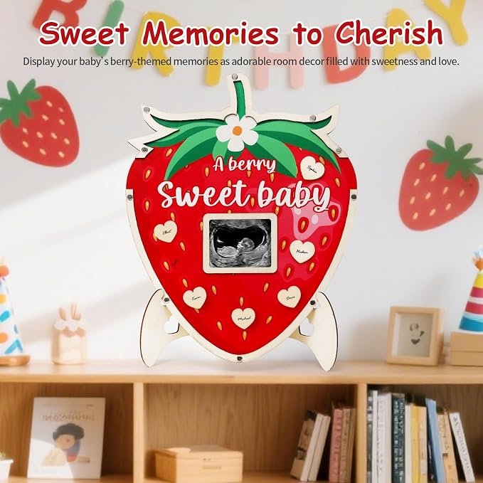 Strawberry Baby Shower Decorations,Berry Sweet Baby Shower Guest Book Alternatives with Strawberry Pen,Photo Frame and 60 Heart Wood Slices for 60 Guests,Gender Reveal Decorations
