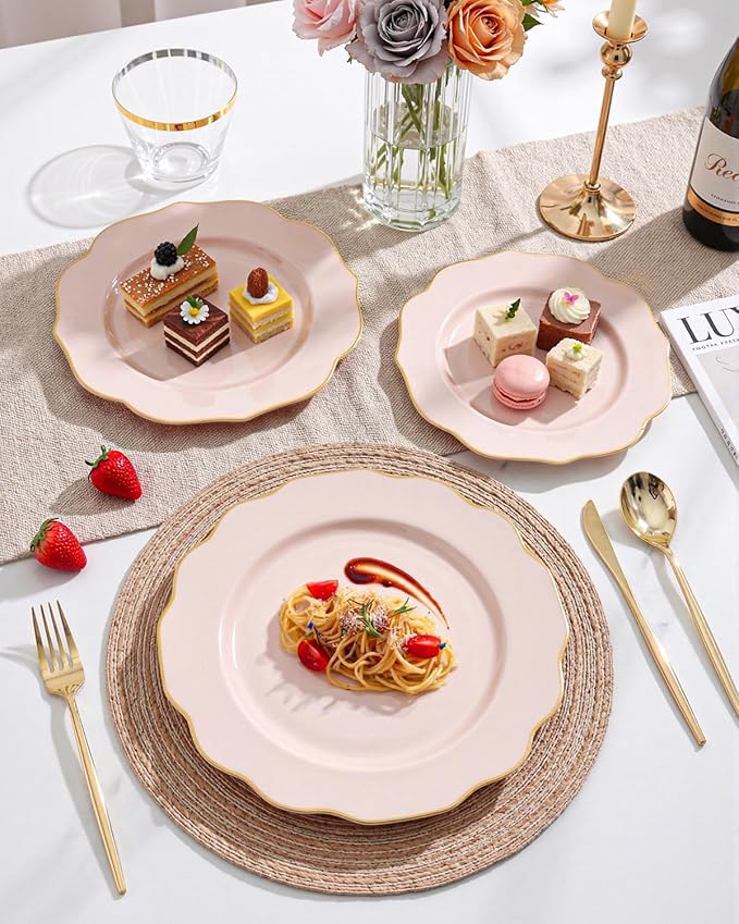 bUCLA 180PCS Pink Plastic Plates - Pink with Gold Rim Disposable for Party Include 30 Each (Dinner & Dessert) Plates, 30 Knives, 30 Forks, 30 Spoons, 30 Cups for Wedding, Birthday & Mother's Day