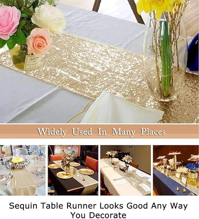 ShinyBeauty 12" x 108" Light Gold Sequin Table Runner | Elegant Dining & Coffee Table Decor | Perfect for Christmas, Weddings, and Parties | Durable & Sparkly Linen Table Runner