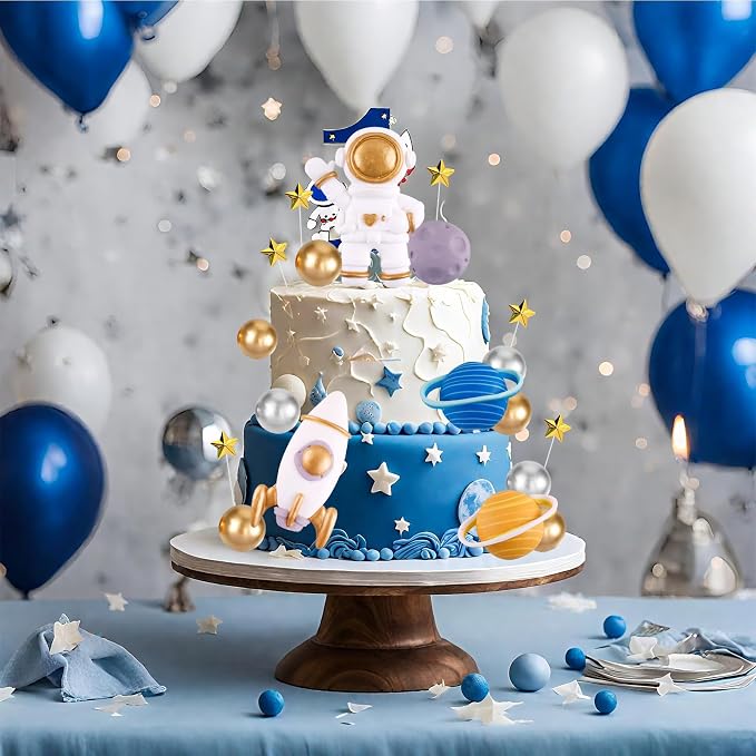 Space Theme Cake Topper 20Pcs Outer Space Cake Decoration Astronaut Figurine Rocket Balls and Stars Spaceman Figures for Two The Moon First Trip Around the Sun Birthday Baby Shower