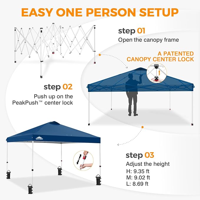 EAGLE PEAK Pop Up Canopy Tent with Wheeled Carry Bag, 8 Stakes, 4 Ropes, 4 Weight Bags, Easy Set Up Tent Canopy, 10x10 ft, 100sqft of Shade, Dark Blue