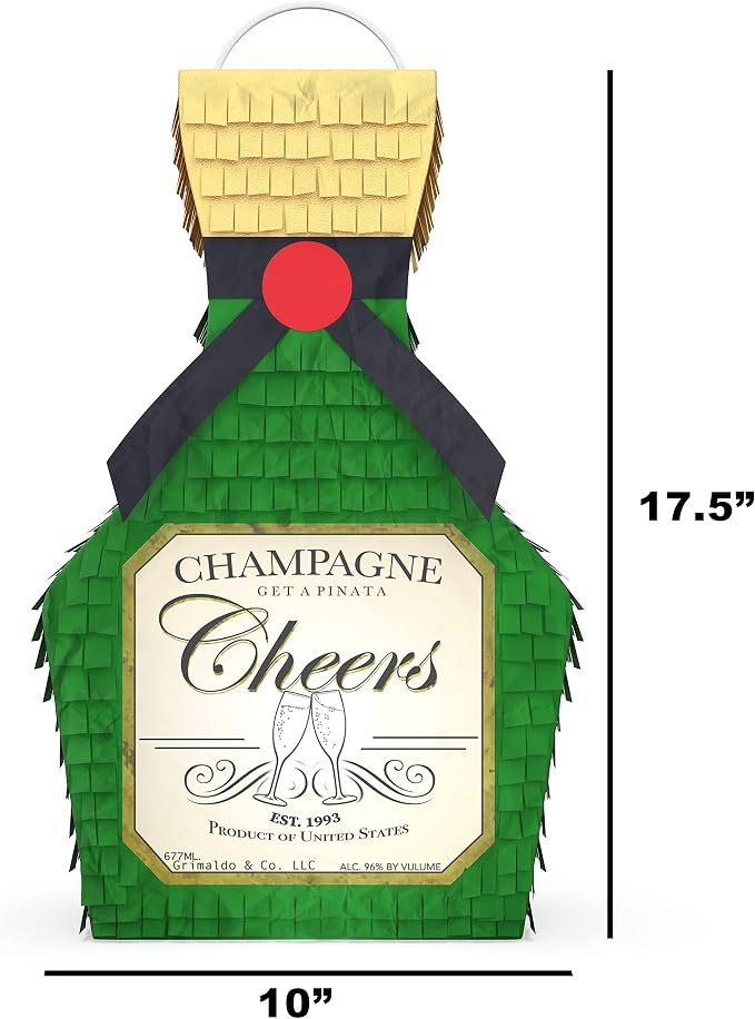 Jergrim Champagne Piñata with Stick, 17X11inches, Perfect for New Years 21st Birthday Decorations, Graduation, and Wedding Props. Fits party favor