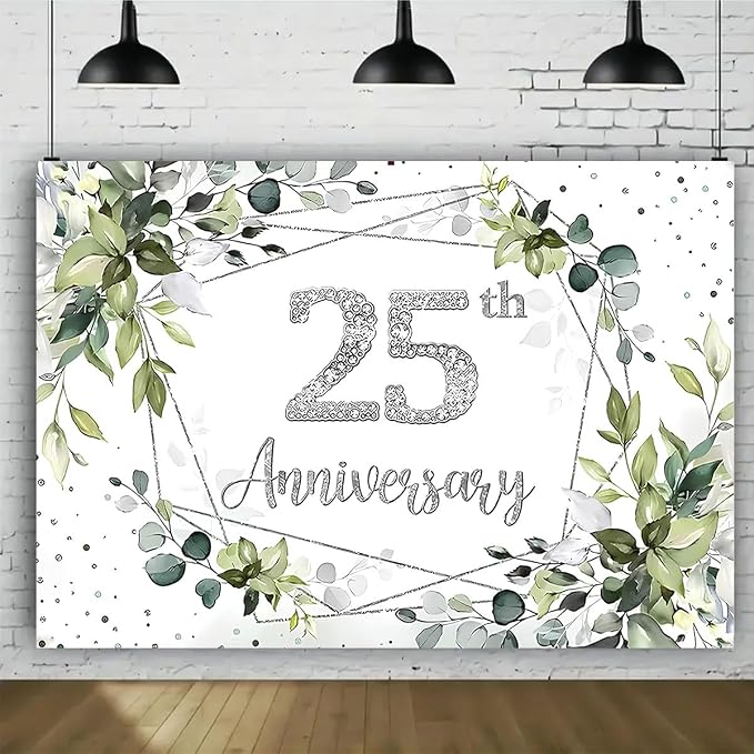 Silver Wedding 25th Anniversary Decorations Backdrop Watercolor Eucalyptus Leaves Sparkling Diamond 25th Background Couple Wedding Engagement Banner (A, 8X6FT)