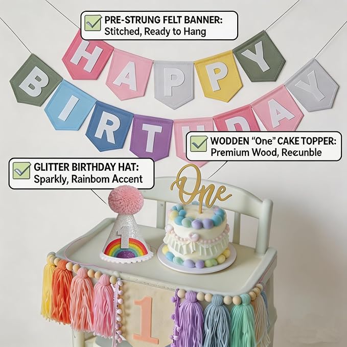 Pastel Rainbow 1st Birthday High Chair Decorations- Boho Macaron Felt Happy Birthday Banner First Birthday Highchair Banner With One Cake Topper & Party Hat, 1st Birthday Party Decorations