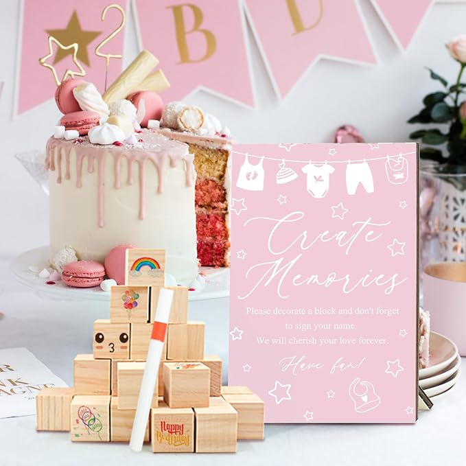 97 Pcs Pink Baby Shower Games Sign Kit,Including Decorate a Block Game Sign 72 DIY Blank Wooden Block 24 Pen to Draw Your Idea for Baby Shower Game Gender Reveal Party