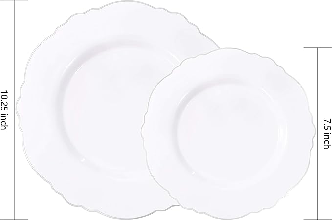 WDF 60pcs Silver Plastic Plates-Baroque White &Silver Plates for Upscale Parties &Wedding-including 30Plastic Dinner Plate 10.25inch, 30 Salad Plate 7.5inch for Baby Shower Wedding Spring