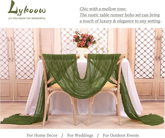 15 Packs Cheesecloth Table Runner Olive Green,10 Ft Dark Green Rustic Gauze Boho Wedding Table Runner Decoration,Wedding Table Decor Table Cloth for Wedding Party Bridal Shower Table,21.5x120in