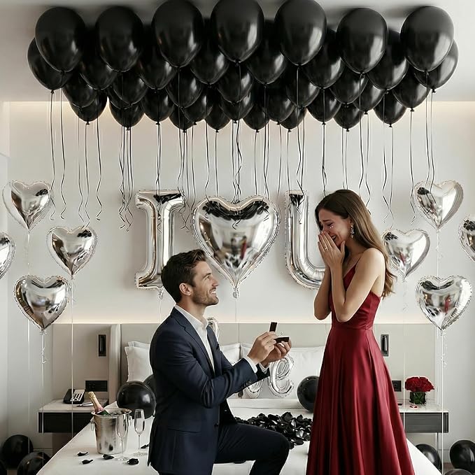 Romantic Special Night Decorations - Black Silver Theme with I LOVE YOU & Silver Hearts Balloons, Black Rose Petals for Anniversary, Valentine Day, Bedroom, Hotel Room, Birthday Surprise