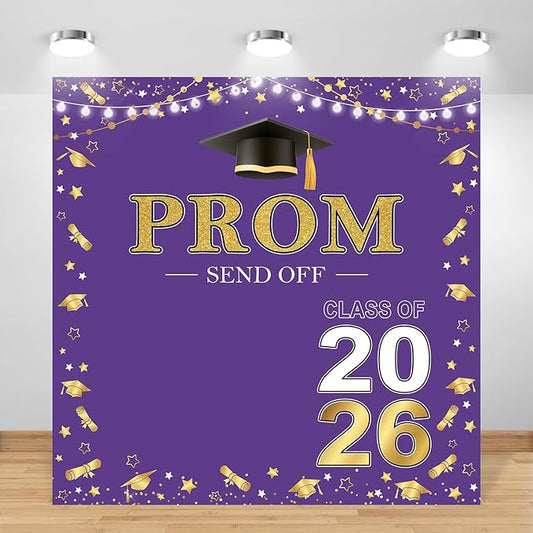 Prom 2026 Backdrop 6x6ft Purple Gold Graduation Prom Photography Background Gold Purple Class of 2026 Graduations Congrats Grad Party Send Off Banner Photo Studio Props (6x6ft)