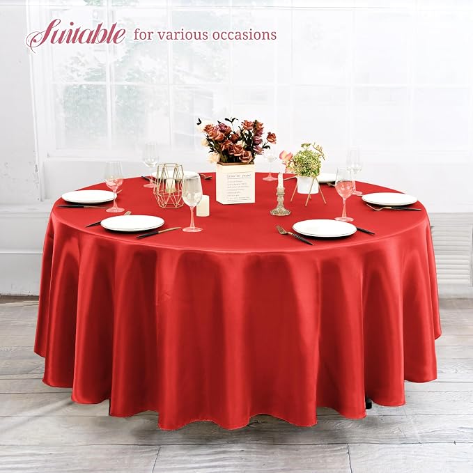 12 Pack 108 Inch Round Tablecloth, Red Satin Fabric Table Cloth for Round Tables, Wrinkle Resistant Washable TableCover Bright Silk Table Clothes for Wedding Party Dining Tables Banquet