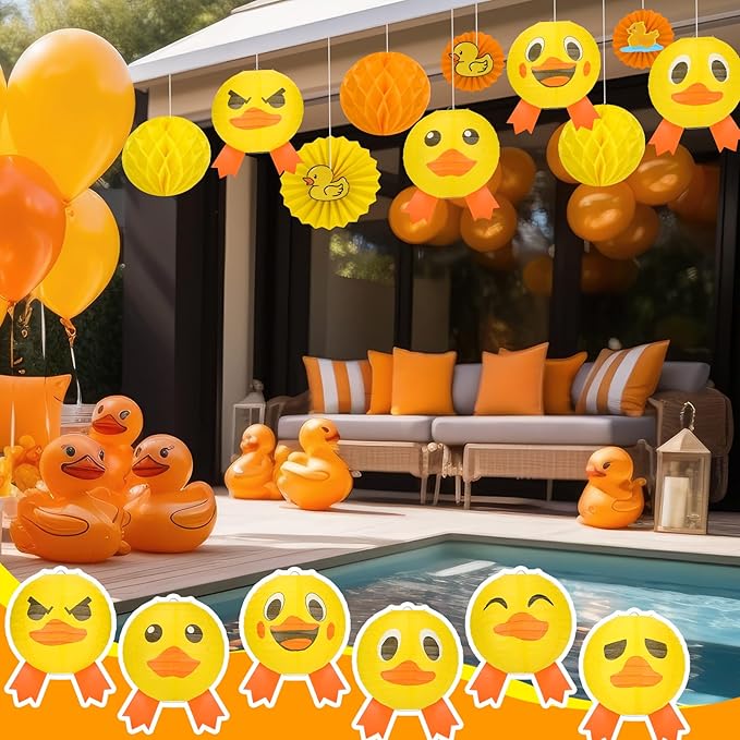 Retisee 18 Pcs Rubber Duck Party Decoration Yellow Duck Hanging Paper Lantern Honeycomb Fans Honeycomb Ball for Themed Birthday Party Ceiling Decor Supplies