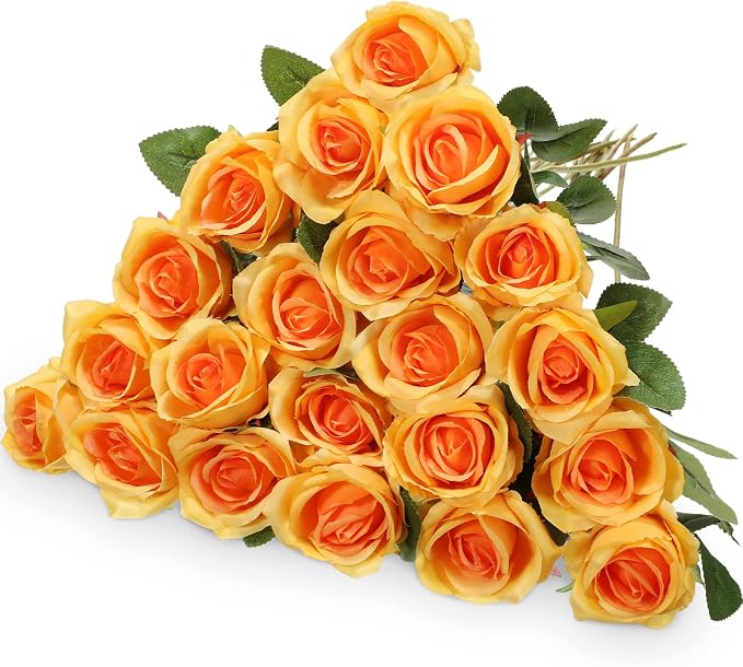 Hotop 20 Pcs Artificial Rose Flowers with Long Stem, Real Lifelike Silk Realistic Plastic Bouquet Roses Bulk for Home Decor Bridal Wedding Party Table Centerpieces Decorations(Orange)