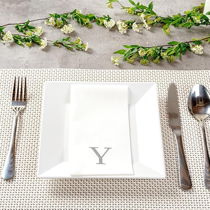 Luxenap 15.8 X 7.9 Inch Linen-Feel Guest Towels, 50 Lettered Hand Towels - Silver Letter 'Y', Sans Serif Font, White Paper Dinner Napkins, airlaid, For Restrooms And Tables - Restaurantware