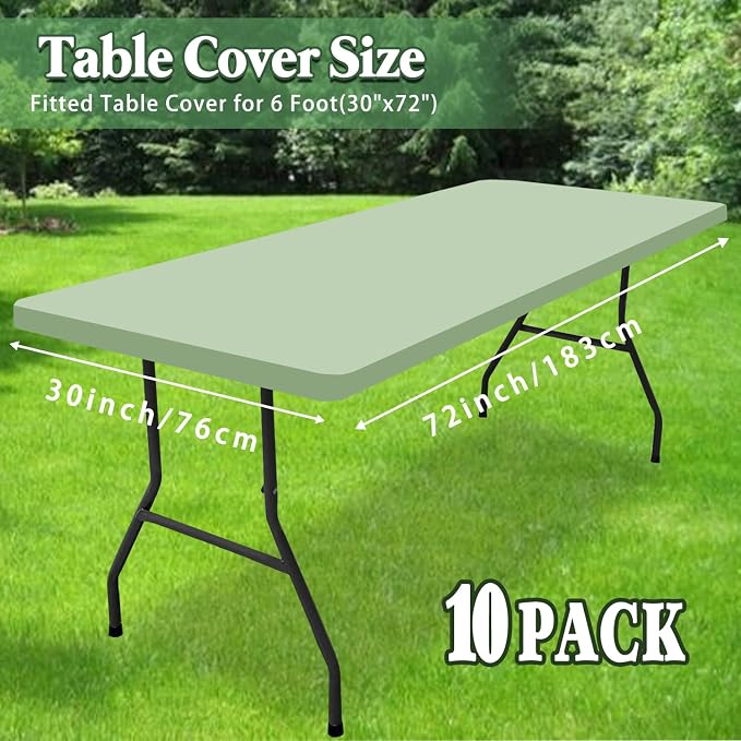 10 Pack Picnic Table Cover Elastic Fitted Outdoor Tablecloths for 6 Foot Rectangle Table Waterproof Stretch Washable Patio Folding Spandex TableCloth for Camping Banquet Parties (Sage Green,30" x 72")