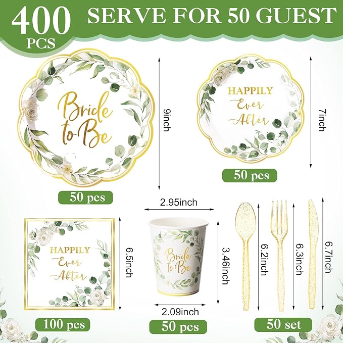 Pickmesh 400 Pcs Sage Green Bridal Shower Party Supplies Eucalyptus Leaves Bride to Be Happy Ever After Disposable Paper Plates Napkins Cups Cutlery Set for Wedding Bachelorette Party Decorations