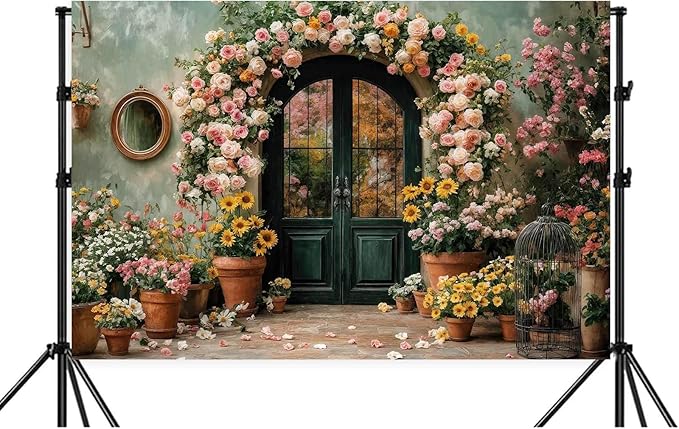 12X8ft Flower Backdrop Coloful Floral Arch Retro Door Photography Backdrops Modern Interior Rustic Style Wall Decoration Wedding Portrait Background Studio Photo Booth Props
