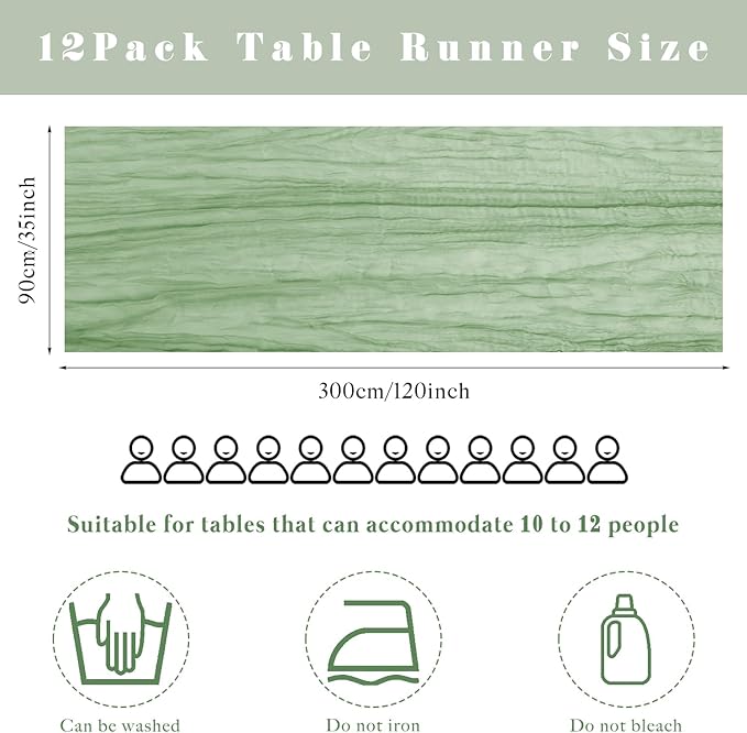 12 Pcs 10FT Sage Green Cheesecloth Table Runner 35 x 120 Inches Long Runner for Tables Gauze Fabric Boho Table Runner Decoration Rustic Sheer Runner for Wedding Baby Shower Birthday Party (Sage Green)
