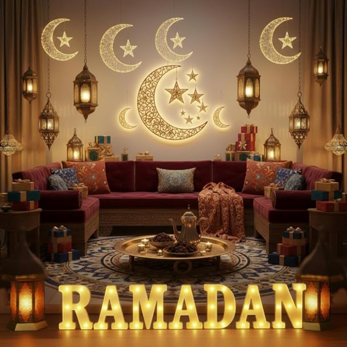 7 Pieces Large Ramadan LED Letter Lights Sign Ramadan Eid LED Marquee Lights Table Decoration for Eid Home Party Gift Tabletop Decoration