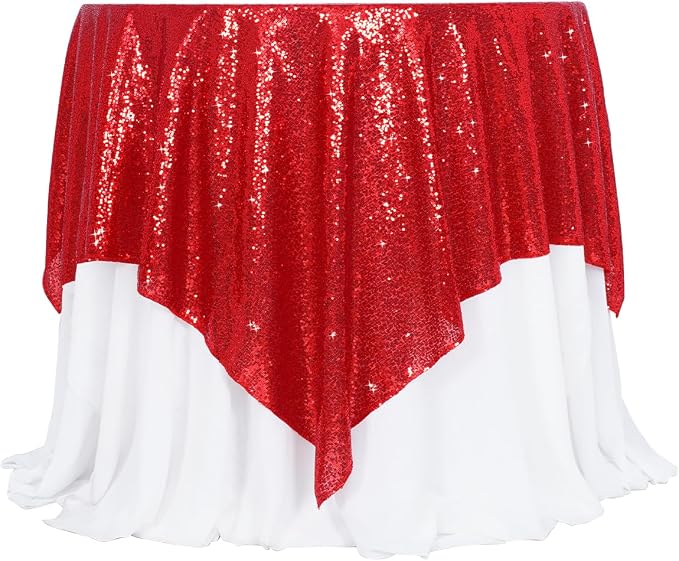 Poise3EHome Red Sequin Tablecloth 90×90 Inch Square Sequin Fabric Table Cover Overlay for Valentine Christmas Baby Shower Birthday Party Wedding Holiday Cake Table Decoration