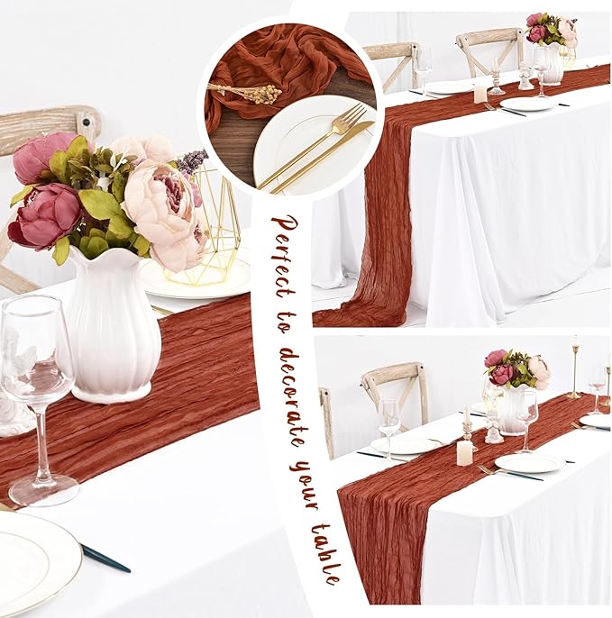 24 Pack Terracotta Cheesecloth Table Runner,10FT Boho Gauze Table Runner,35x120inch Rustic Table Runners for Wedding Party Bridal Shower Thanksgiving Christmas Boho Table Decoration