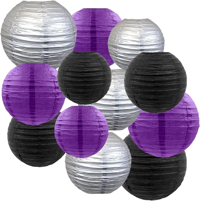 CC wonderland zone 12pcs Black Silver and Purple Paper Lanterns,Hanging Paper Lanterns for Wednesday Birthday Party Decorations