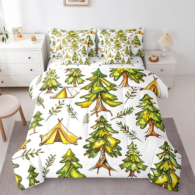 jejeloiu Happy Camping Comforter Set with Sheets King Size 7 Pieces Kids Tree Branches Woodland Bedding Set for Boys Girls Summer Leaves Pattern Nature Theme Bed in a Bag Room Decor