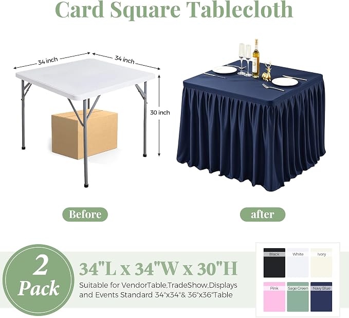 Navy Blue Square Tableloths 34x34 Inch 2 Packs, Stretch Fitted Square Table Cloth Washable Fabric Card Table Cover with Pleated Ruffle Skirt for Dining,Kitchen,Buffet Parties,Trade Show,Vendor Stand