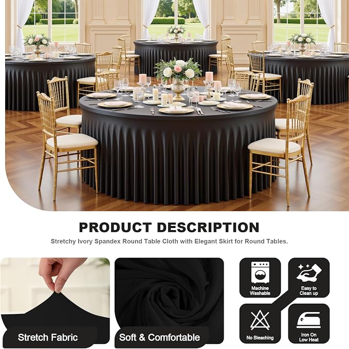 2 Pack Black 72 inch Round Spandex Tablecloth, Washable Stretchy Fitted 6FT Round Tables,Elastic Edge with Skirt, Wrinkle-Free Table Cloths for Wedding Banquet Party Birthday Buffet
