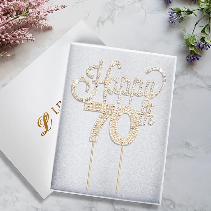 LINGTEER Happy 70th Birthday Gold Rhinestone Cake Topper - Cheers to 70th Birthday Seventy Years Old Anniversary Party Cake Centerpieces Topper Decorations Gift Sign.