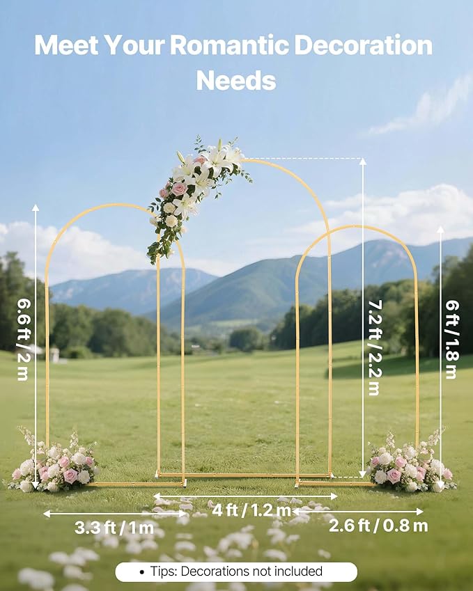 VEVOR Arch Backdrop Stand, Set of 3, 7.2/6.6/6 ft, Stable Structure, Easy Assembly, Gold Metal Arch Backdrop Stand for Wedding, Birthday Party, Graduation, Holiday Celebration, and Ceremony Decoration