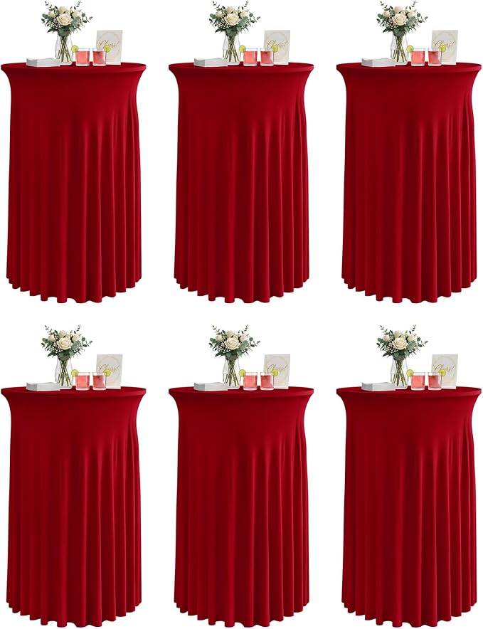 KeyWave Cocktail Table Tablecloth with Skirts - 32x43 Inch Wavy Spandex High Top Cocktail Table Covers, Ruffle Drape Highboy Tablecloth Reusable for Party Wedding Cake Standing Table, Red, 6 Pack