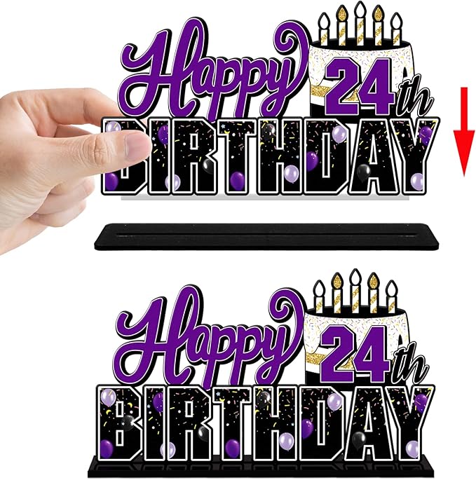 LINGTEER Happy 24th Birthday Purple Acrylic Table Topper Centerpieces Set - Cheers to 24 Years Old Birthday 24th Bday Party Gift Decorations.