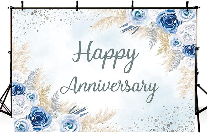 MEHOFOND Boho Happy Anniversary Backdrop Blue Floral Bohemia Pampas Grass Anniversary Banner Cheers to Marriage Wedding Party Decorations Memorial Portrait Photo Booth Background 7x5ft