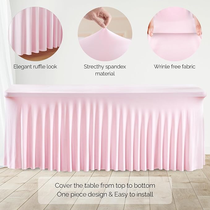 Wish Care 2 Pack Pink Spandex Table Clothes for 4 Foot Rectangle Tables, 4FT Wrinkle Free Fitted Tablecloths Ruffles Design Table Cover for Party, Banquet, Wedding and Events