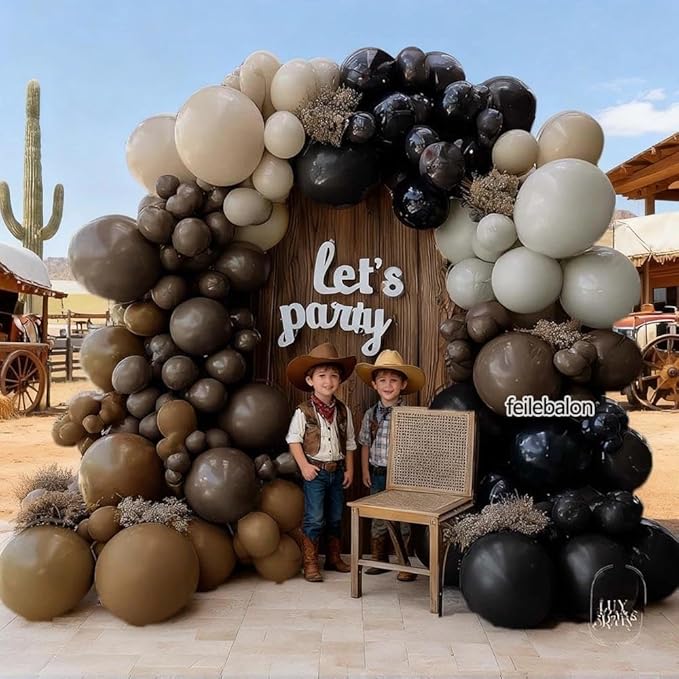 Black Brown Tan Balloon Arch Kit, Double Stuffed Dark Brown Coffee Light Grey White Sand Beige Neutral Balloon Garland for First Rodeo Birthday Western Cowboy Baby Shower Fathers Day Party Decoration