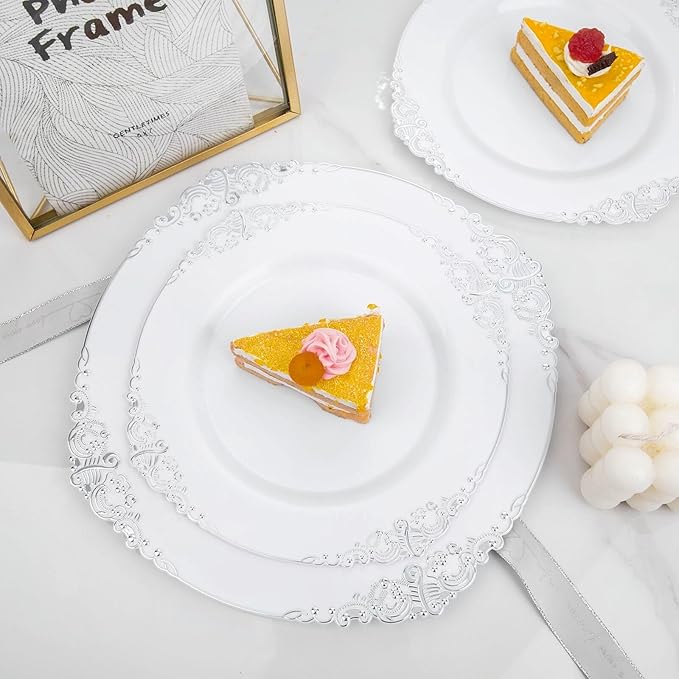 102PCS White and Silver Plastic Plates - Heavyweight Silver Plate - Wedding Plate with Silver Rim - Fancy Dinner & Dessert Plates for 51 Guests Weddings & Parties (Pack of 2)