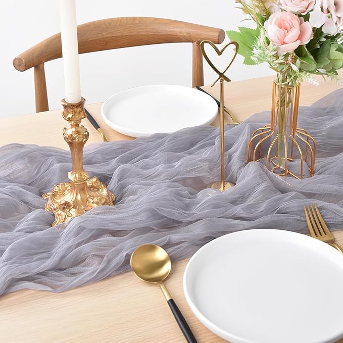 Joanlody Light Gray Cheesecloth Table Runner Spring Summer 10Ft Rustic Gauze Boho Cheese Cloth Table Runner for Wedding Bridal Baby Shower Decoration