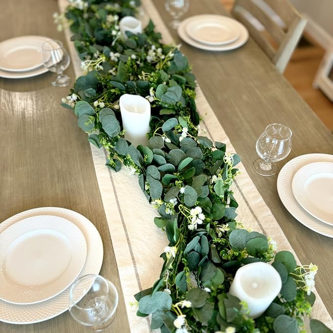 CQURE 6Pcs Eucalyptus Garland,Artificial Eucalyptus Leaves Table Greenery Garland Wreath Vines for Wedding Party Table Bedroom Wall Decor