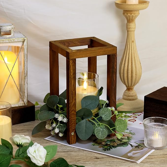 18 Pcs Wooden Lantern Centerpiece - Wedding Lantern with Eucalyptus Candles Wreaths LED Flameless Candles Rustic for Country Wedding Party Farmhouse Table Decor