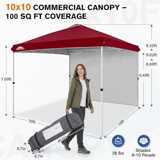 EAGLE PEAK Commercial Canopy 10x10 Pop Up Canopy Tent with 1 Sidewall, Easy Setup Heavy Duty Instant Event Shelter for Vendors & Markets, Outdoor Sun Shade, Burgundy