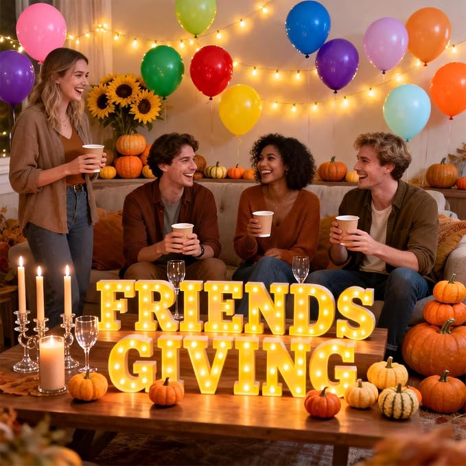 Friends Giving Party Decorations, Light up Letters Sign with 40 Round Pearlescent Balloons, Thanksgiving Led Marquee Lights Table Decoration for Friends Themed Party Fall Birthday Galentines Decor