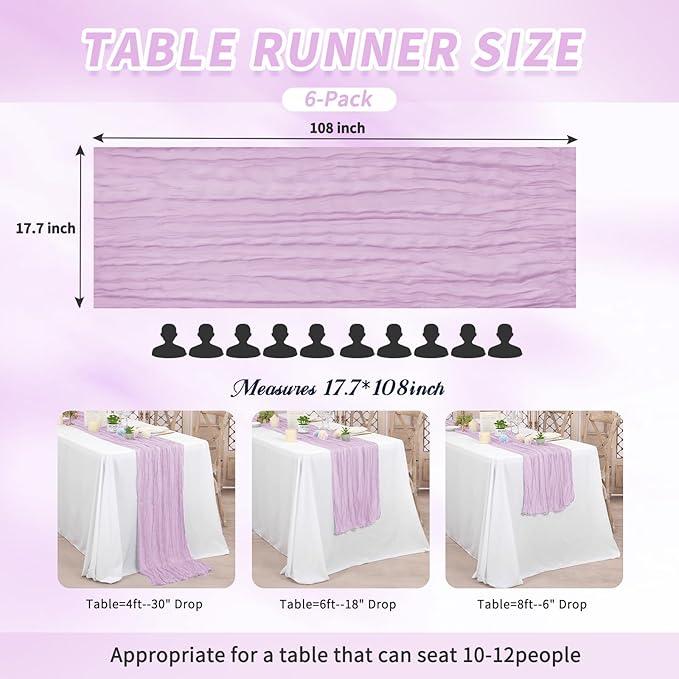 6 Pack Cheesecloth Table Runner,Light Purple Table Runner Long Romantic Semi Sheer Rustic Boho Gauze Table Runners for Wedding Bridal Shower Birthday Party Decorations(17.7×108 Inch)