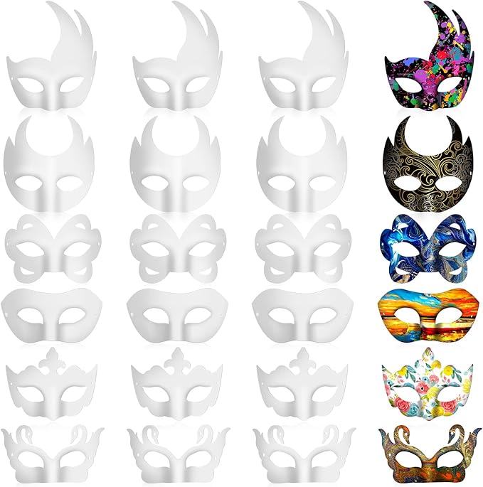 Leyndo 24 Pcs Paper Mache Masks Half Face White Masquerade Mask DIY Blank Mardi Gras Halloween Cosplay Party (Stylish Style)