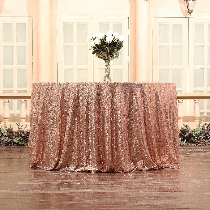 Juya Delight 90'' Round Rose Gold Sequin Tablecloth for Wedding Birthday Party Festival Ceremony Dessert Table