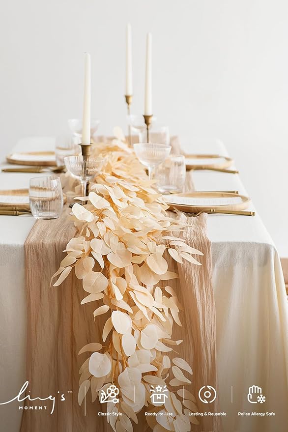 Ling's Moment Eucalyptus Garland for Table, 5.9ft White & Beige Fake Eucalyptus Wreaths with Willow, 2pcs Real Touch Leaf Garland for Wedding Centerpieces Arch Rehearsal Dinner Bridal Shower