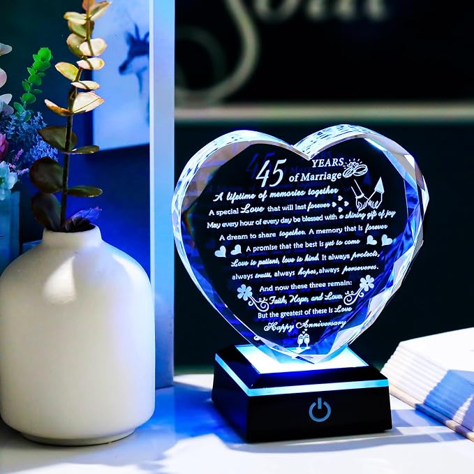 Arikyrist 45th Wedding Anniversary Crystal Gifts for Couples Parents, Romantic Heart 45th Anniversary Keepsake Gifts Ideas for Her Him, 45 Years of Marriage Gift for Wife Husband
