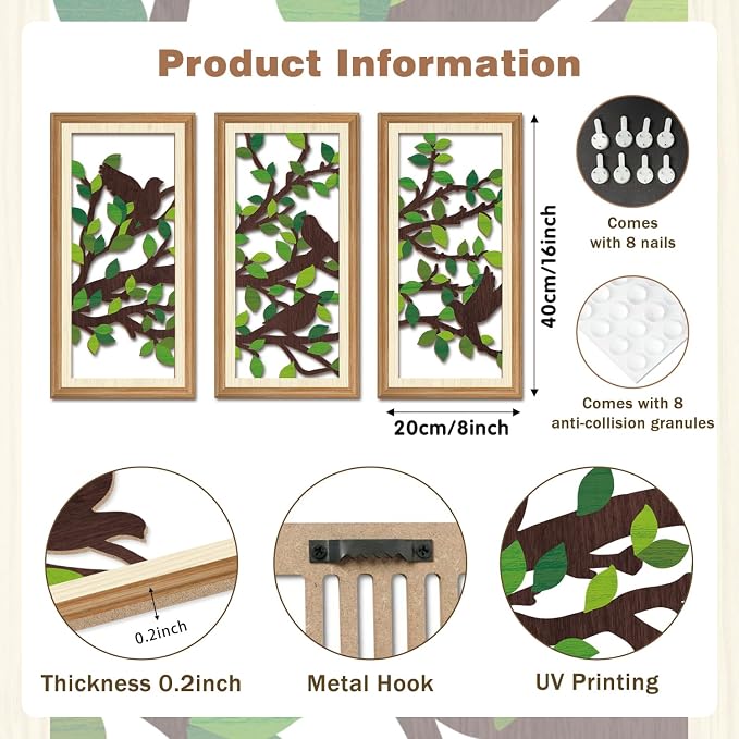 IARTTOP 3 Pcs Nature Silhouette Wall Art Set Green Leaf Botanical Wall Decor Bird on Branch Art Prints Rustic Farmhouse Wood-Look Art Decor for Living Room Bedroom Office 8x16 Inch
