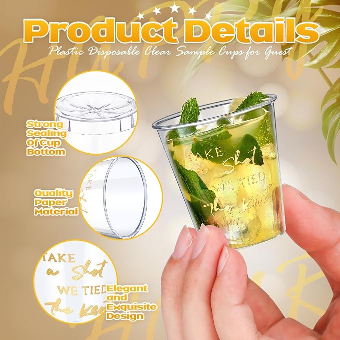 Domensi 200 Pieces Plastic Shot Clear Glasses 2 oz Take a Shot We Tied The Knot Disposable Mini Glasses Bulk Wedding Favors Cup for Weddings, Bridal Showers, Engagement Parties(Gold)