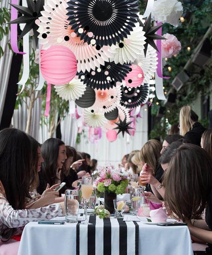 10 Pcs Party Decoration Set, Black Pink White Paper Fans, Honeycomb Balls and Star Lanterns for Halloween, Graduation, Birthday, Baby Shower & Bridal Shower Events