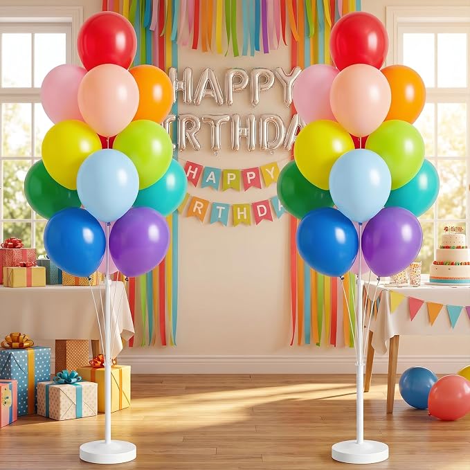 Balloon Column Stand Kit,2 Sets of Assorted Rainbow Balloon Tower Pillar with 10inch Bright Color baloon Reusable Design for Grirls Party,Birthday, Wedding,Baby Shower (13-Colorful)